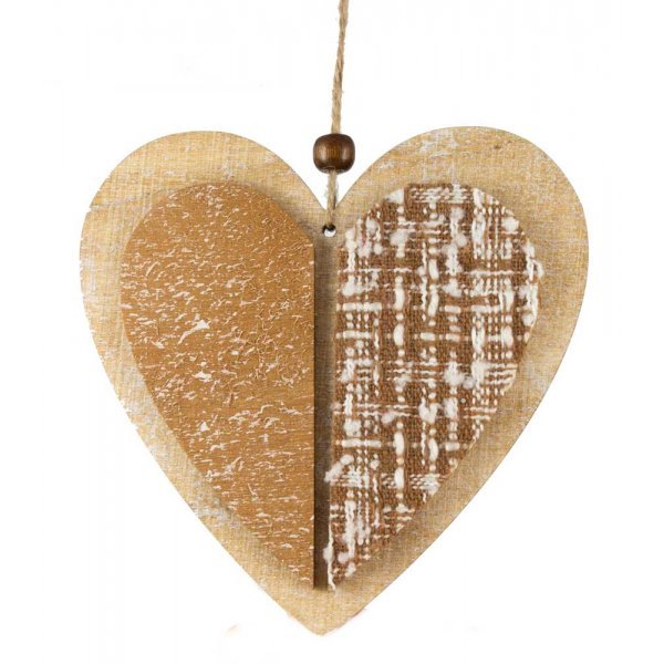 Χριστουγεννιάτικη Κρεμαστή Ξύλινη Καρδιά, με Ύφασμα (13cm)